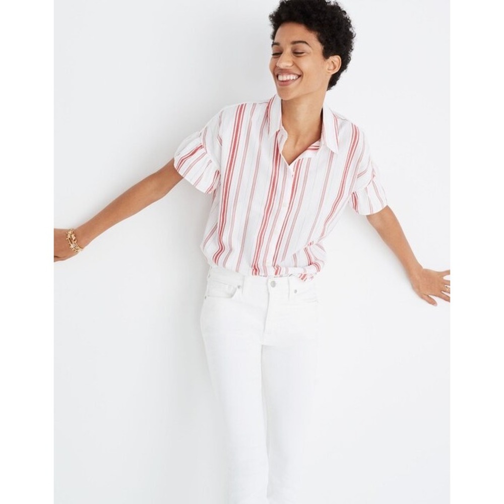 Madewell Central‎ Ruffle-Sleeve Shirt in Carey Stripe Red White Womens Small